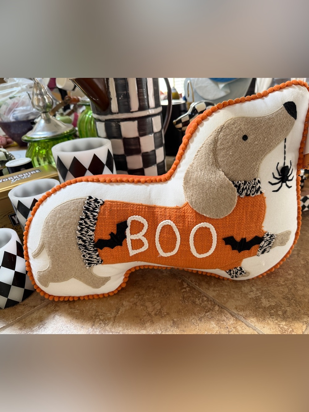 Dachshund Halloween decorative pillow with 3-D designs Spider Bats